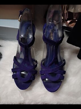 BCBG Deep Purple Suede Strappy High Heel Sandals.